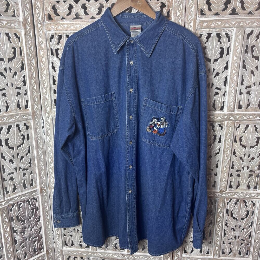 Vintage The Disney Store Denim Button Up Shirt XXLarge Blue Embroidered 90s